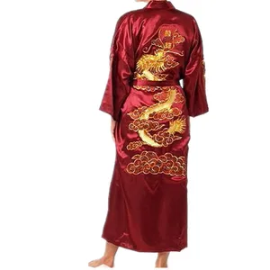 Hot Sale Burgundy Chinese Men Silk Satin Robe Novelty Traditional Embroidery Dragon Kimono Yukata Ba in Pakistan