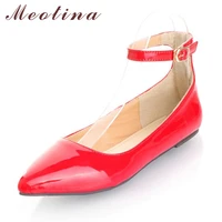 meotina ladies shoes pointed toe flats ankle strap ballet shoes yellow blue patent leather flat shoes women large size 9 10 42