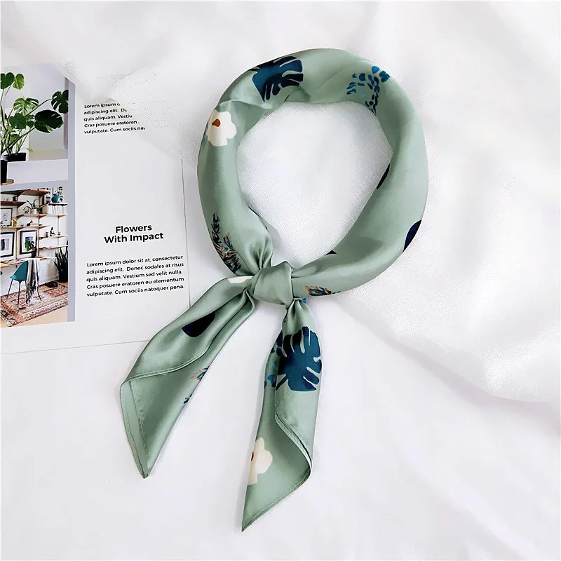 Fashion Green Hair Scarf Women Floral Leaf Print Kerchief Small Bag Scarfs Female 70X70cm Square Neckerchief Scarves For Ladies |