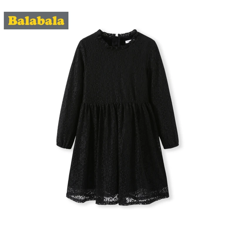 Balabala Girls Flared Long-sleeved Lace Dress 100% Cotton Lined with Ruffled Collar Teenage Girl Knee Wedding Party | Детская одежда и