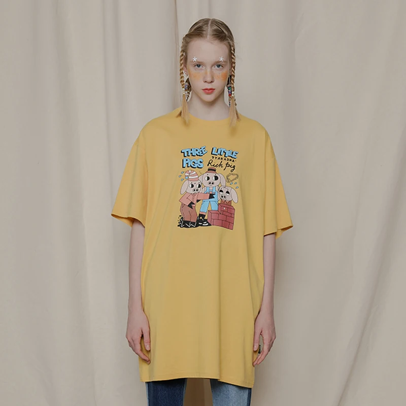 

Casual Long T-shirt For Women Cotton Yellow Cartoon Pigs Print Letters Ladies Loose Tee Tops Mid-length Tshirts