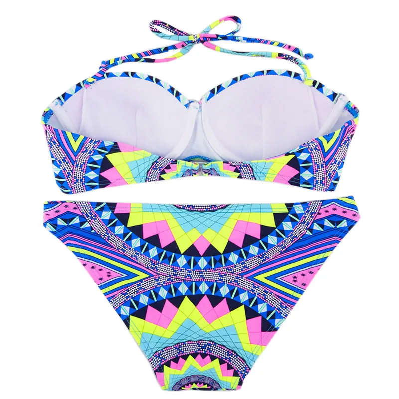 Женский купальник бикини с разноцветным геометрическим узором топ на бретельках