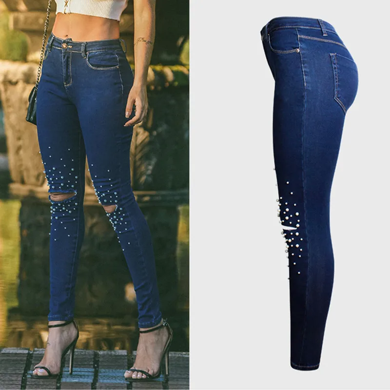 2018 Женская одежда с высокой талией облегающие эластичные потертые джинсовые