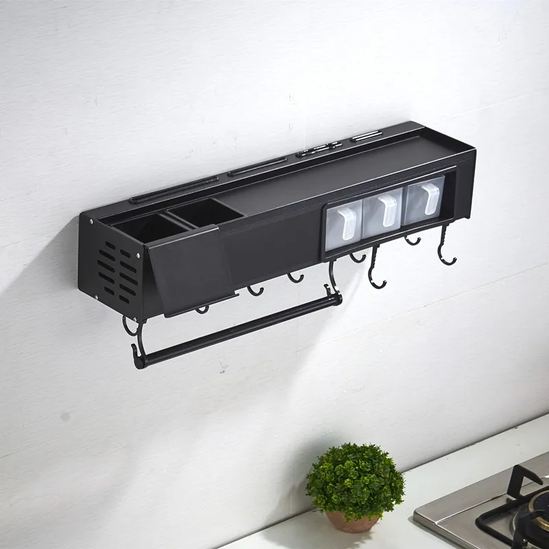 Black color Космическая алюминиевая кухонная полка настенная подставка для ножей для приправ Черная кухонная многофункциональная полка для хранения - Цвет: Black color