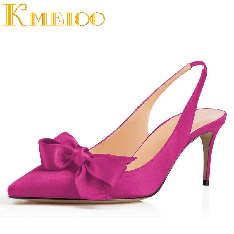 

Kmeioo 2020 Fashion Women Shoes Bowknot Kitten Heels Pointed Toe Slingback Med Heels Evening Wedding Shoes 6.5CM