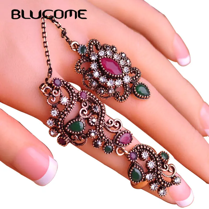 

Blucome New Arrival Adjustable Turkish Two Finger Rings For Party Women Red Resin Hollow Out Flower Vintage Ring Anel Jewelry