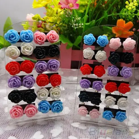 12 пар женские серьги гвоздики|rose flower stud earrings|flower earringsstud earrings |