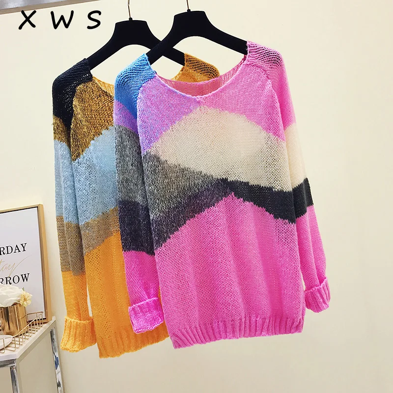 

2018 striped cashmere Sweater Pullovers Women long Sleeve Autumn Winter o-neck oversize sweater female casual Knit Sweaters