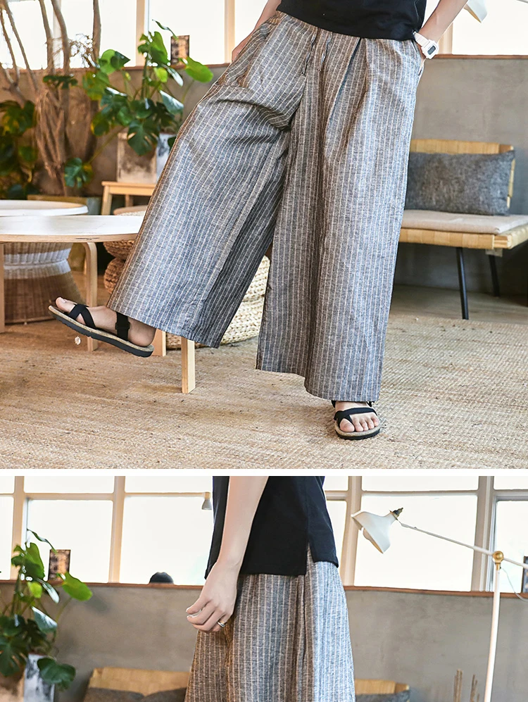 Sinicism Store мужские хлопковые льняные брюки, мужские повседневные Прямые брюки в полоску, мужские длинные традиционные брюки