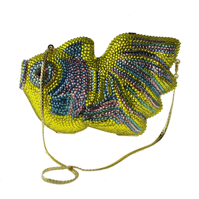 Желтая рыбка Кристалл сцепления Вечерняя сумочка BS010 с золотой цепью Мини