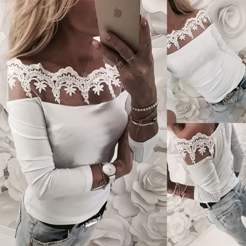 2018 летние топы кружевная рубашка женская белая с вырезом лодочкой длинным