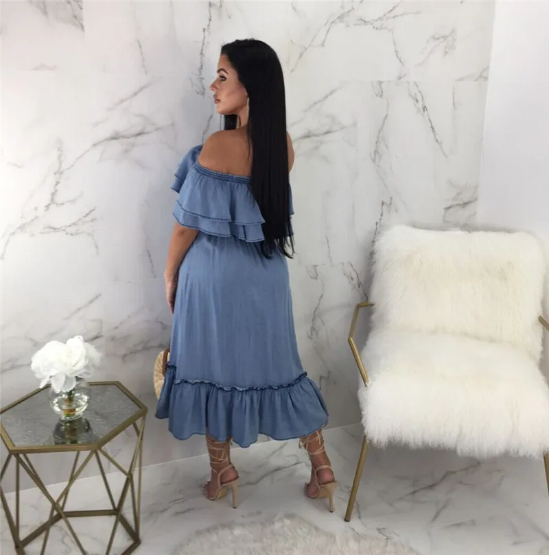 Элегантное мягкое лоскутное джинсовое платье vestidos женское с открытыми плечами и