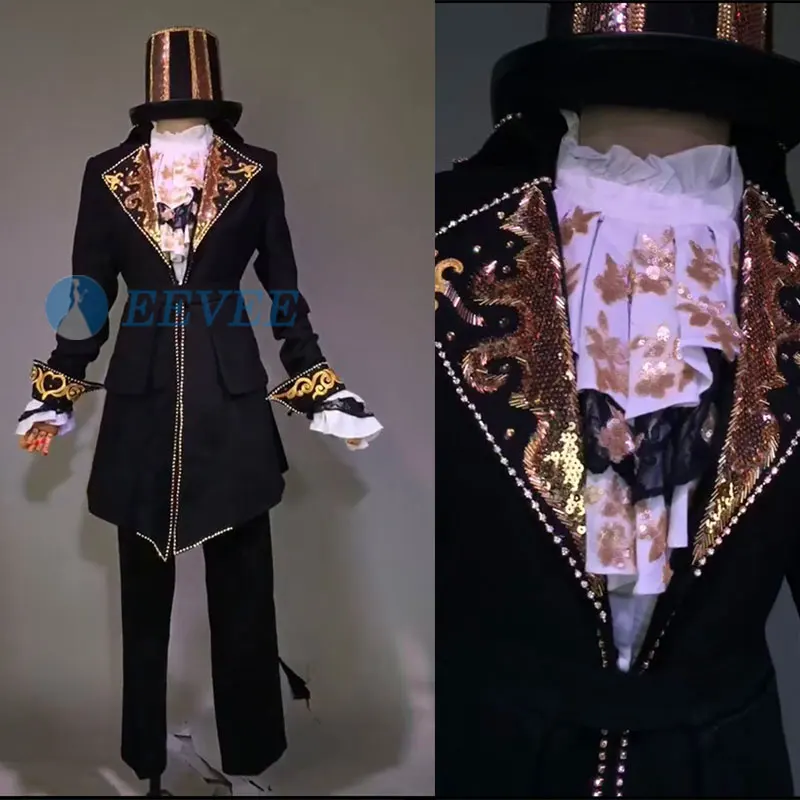 Мужской сценический костюм черный с блестками из 4 предметов (куртка + брюки
