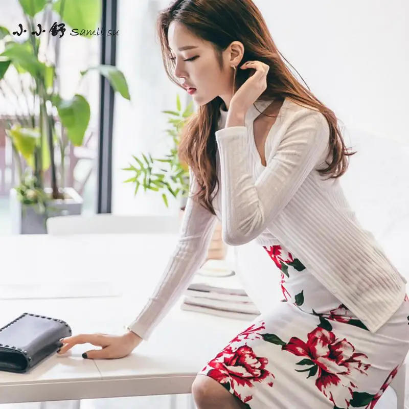 Small Su 2 Pieces Autumn Womens White Knitted Tops Sundress Halter Sexy Party Vintage Bandage Print Pencil Dresses 2017 Vestidos | Женская