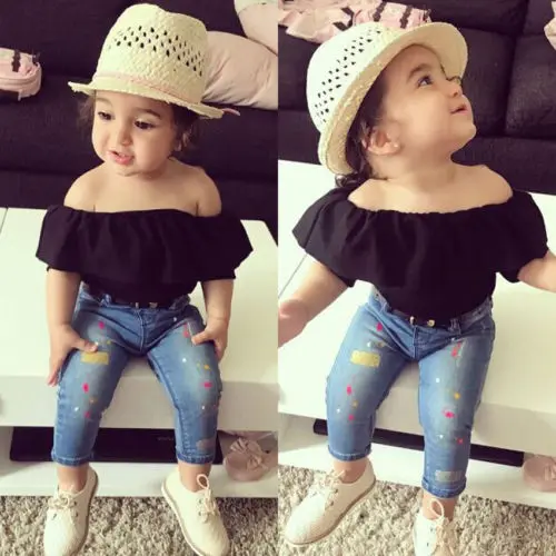 Toddler Kid Baby Girl Off Shoulder T-Shirt Tops+Denim Jeans Pants +Headband 3pcs Clothes Outfit Size 3-7T | Детская одежда и обувь