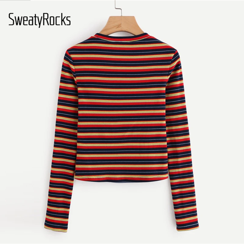SweatyRocks, цветная полосатая футболка для активного отдыха, приталенный Топ с длинным рукавом, осень, цветная Женская Повседневная футболка