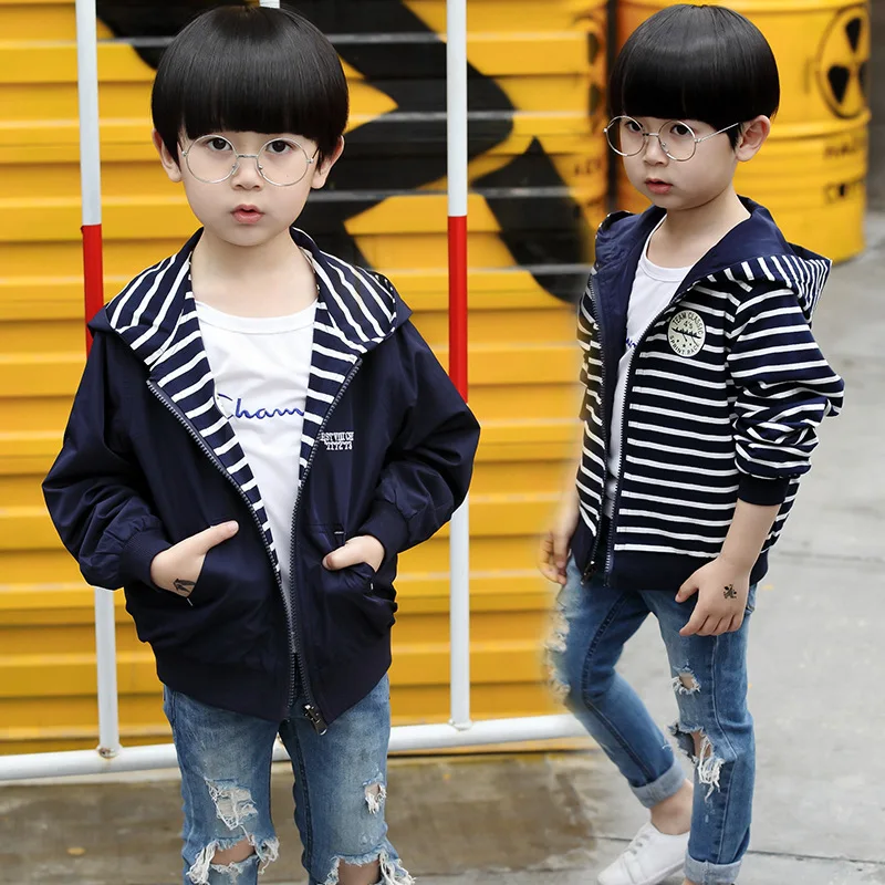 Куртка детская демисезонная с капюшоном в полоску двусторонняя|boys fashion jacket|boys