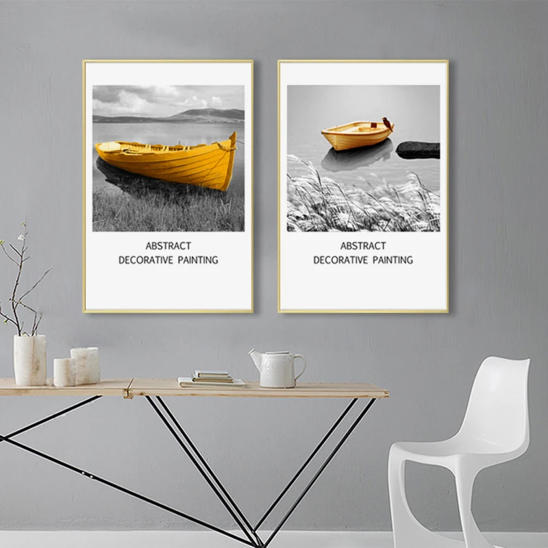 Abstract Yellow Boat Wall Art Canvas Painting Black White Sea Landscape Nordic Poster print Picture for Living Room Home Decor | Дом и сад