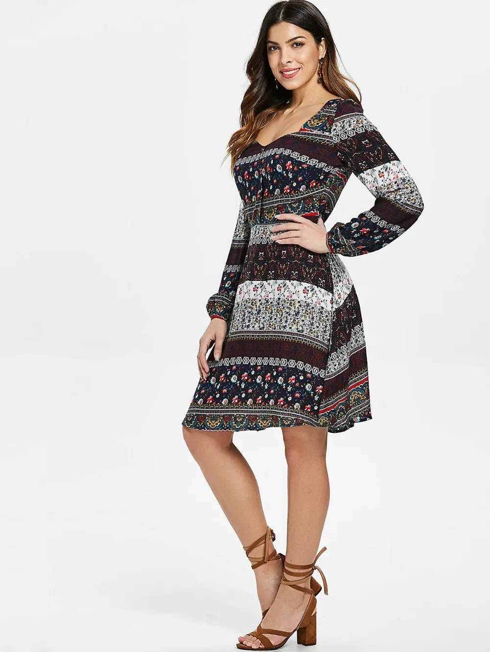 Женское богемное платье с длинным рукавом милое цветочным принтом