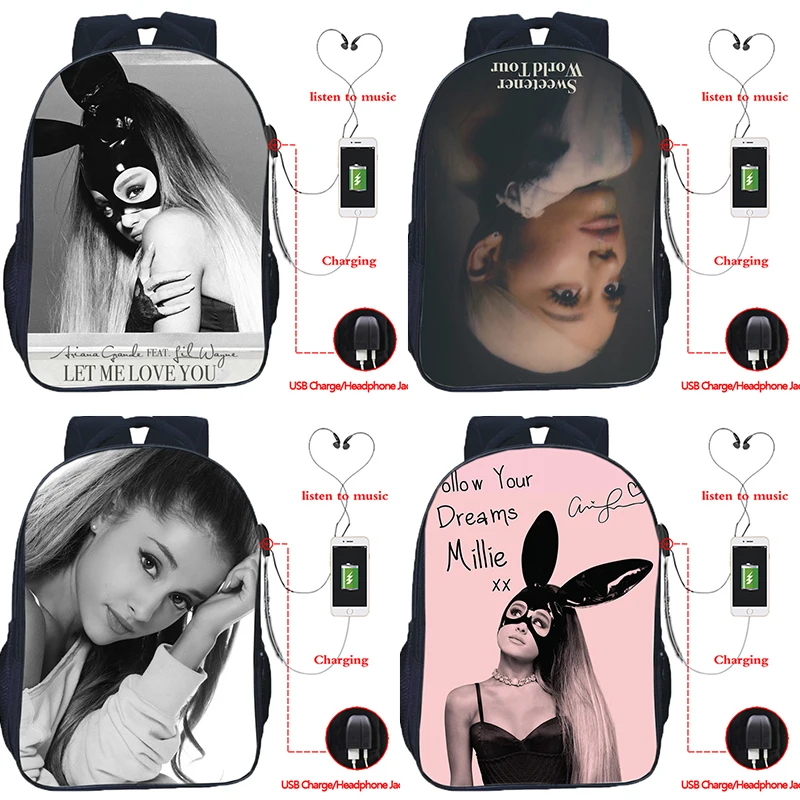 Красивый рюкзак Ariana Grande с USB-зарядкой для ноутбука USB популярный школьный женщин