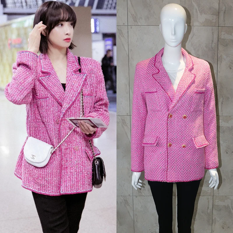 Женский пиджак из твида розовый с небольшим запахом и надписью week star новинка 2019 |