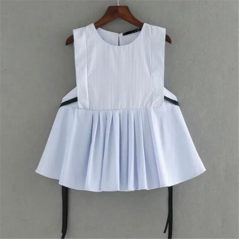 Милая плиссированная баска полосатый сорочка на бретелях Женщины топы с длинным