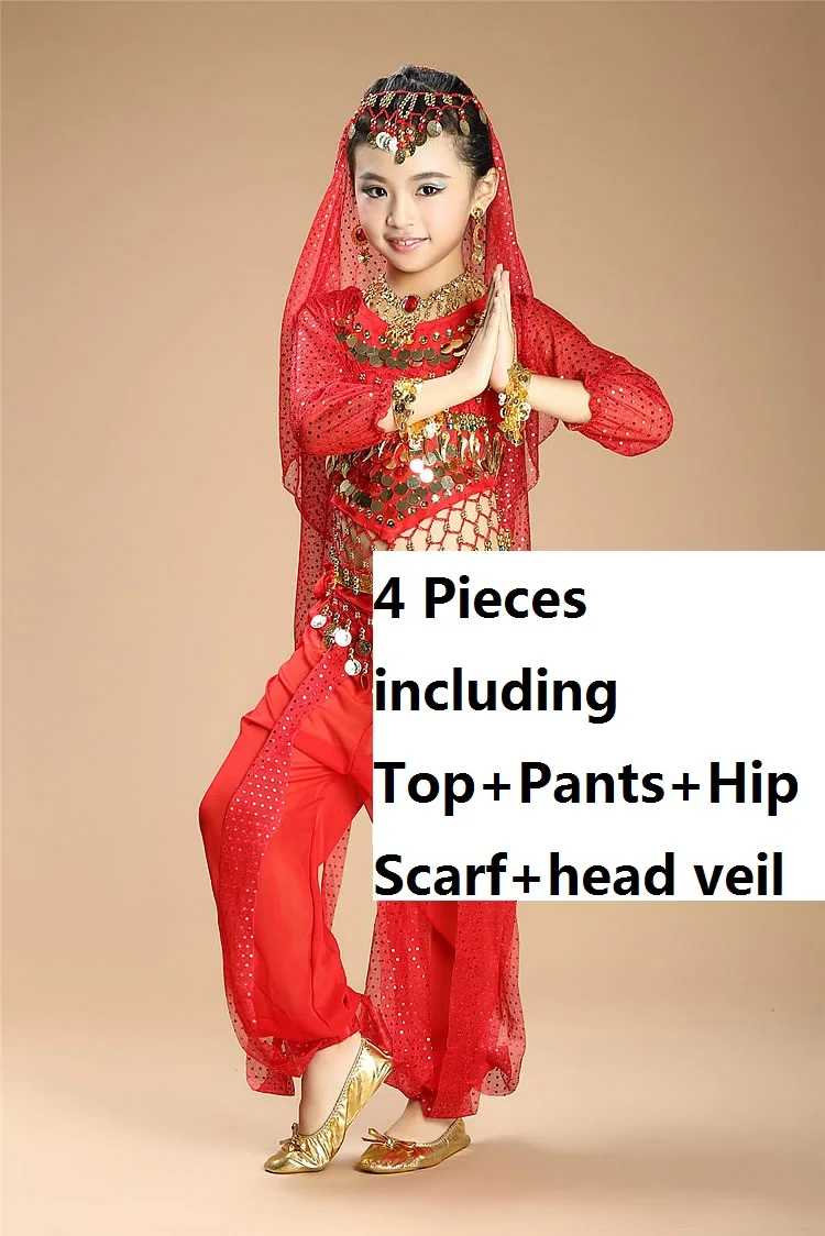 red4pcs Дешевая индийская одежда для живота, Детский костюм Болливуда, комплект штанов, топ для детей, танцевальные костюмы для Болливуда, детское платье - Цвет: red4pcs