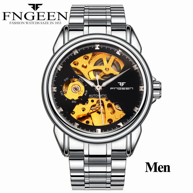 Men Silver Black Reloj Mujer Tourbillon наручные часы со скелетом для женщин Horloge 30 м Водонепроницаемые стальные автоматические часы для мужчин часы для влюбленных - Цвет: Men Silver Black