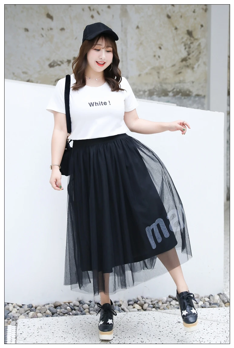 summer plus size long skirt for women casual loose elastic waist large voile mesh pleated skirts black 4XL 5XL 6XL 7XL 8XL