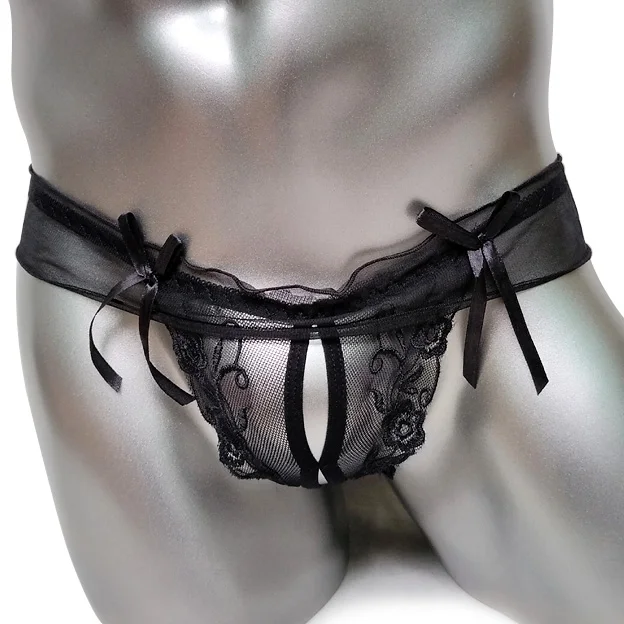 Sissy гей мужское экзотическое нижнее белье стринги кружево бант открытая