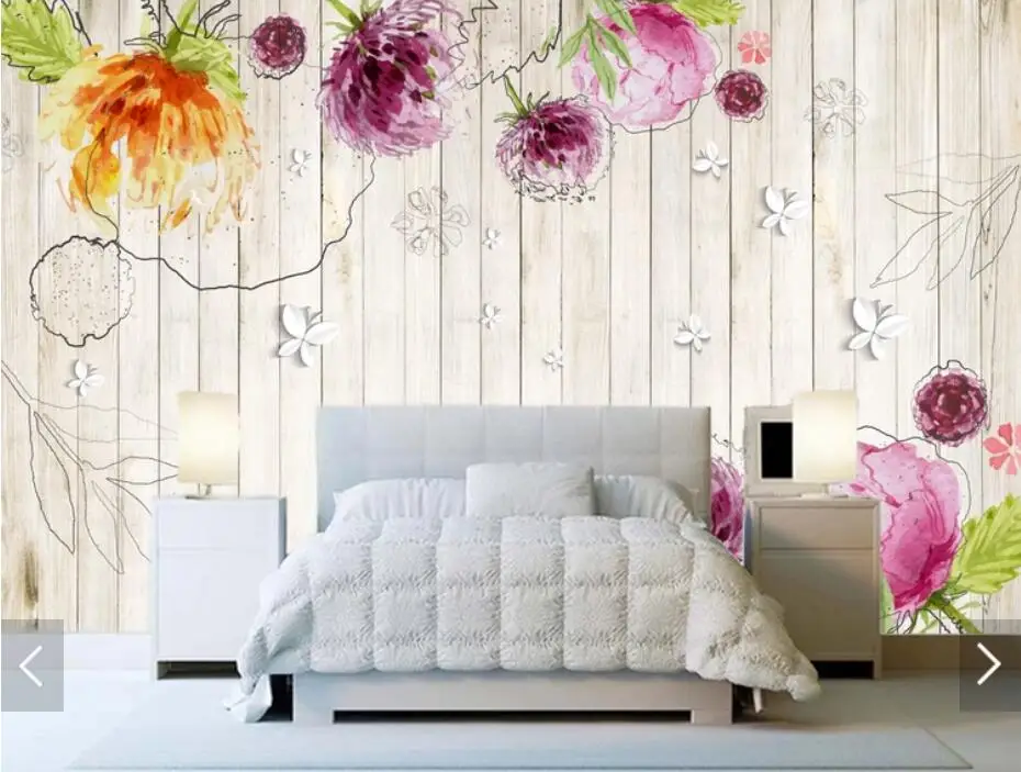 Papel tapiz Floral de acuarela 3d, fondo de madera, Papel Adhesivo Decorativo Para Muebles, Mural de Peint, Mural de flores Rouleau
