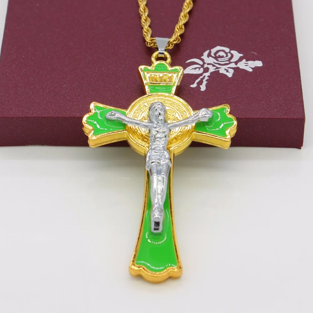 Adixyn INRI зеленый камень крест ожерелья для верующих (с изображением Иисуса) Женские