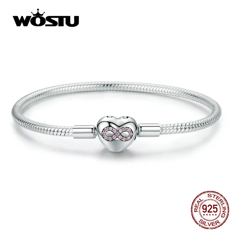Женский браслет с сердечком WOSTU из 100% стерлингового серебра 925 пробы розовым