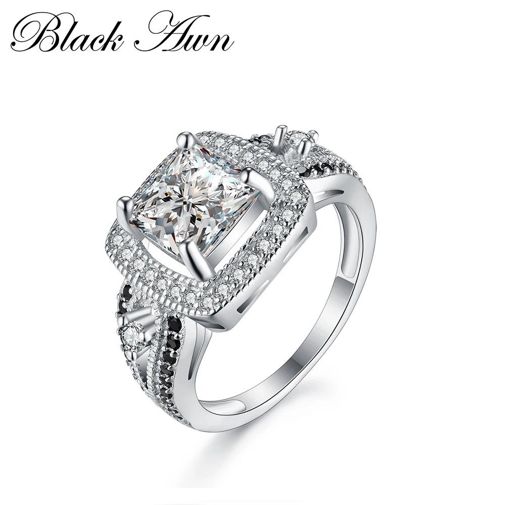 

[BLACK AWN] Luxury Genuine 100% 925 Sterling Silver Jewelry Black&White Stone Classic Wedding Rings for Women Bijoux C247