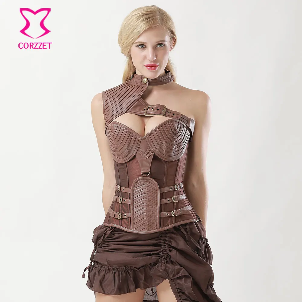 6XL Plus Size Vintage Brown Leather Bolero Armor Corset Steampunk Clothing Sexy Corsets and Bustiers Steel Bone Gothic Costumes
