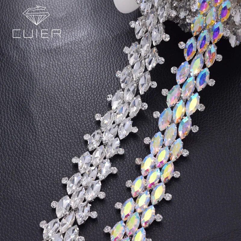 

CuiEr 1yard Shiny Glass Crystal AB Rhinestones Trims Sewing Appliques for wedding dress belt sash Bridal Decorations HF-3400
