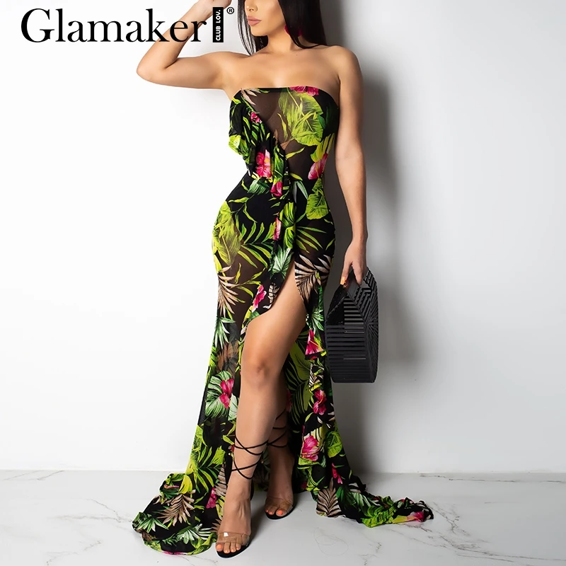 Женское длинное платье с цветочным принтом Glamaker высоким разрезом и оборками в