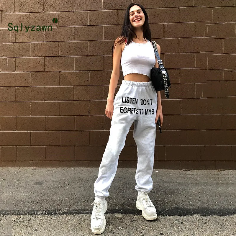 Женские спортивные штаны шаровары из 100% хлопка свободные с буквенным принтом для