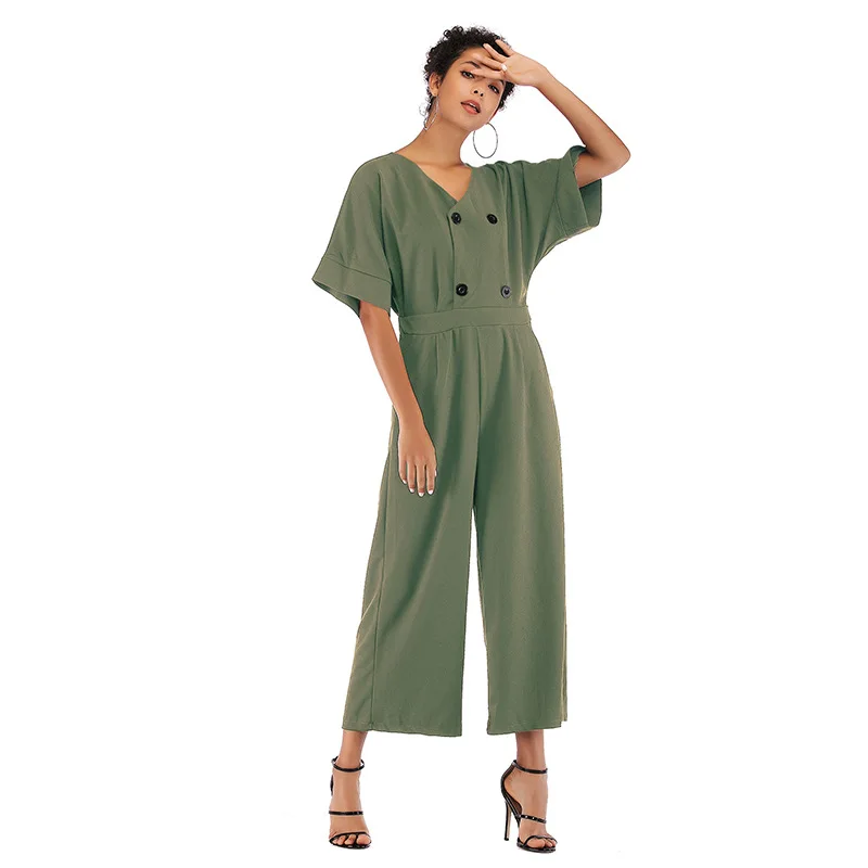 

Casual Mid Sleeve Jumpsuits For Women 2019 Spring Summer Loose V Neck Solid Color High-waist macacao feminino/salopette femme