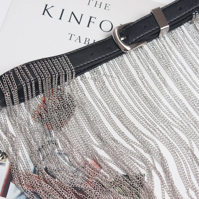 

2019 New Fashion Luxury metal chain belts Women Long Tassel Leather Belt wide Bling Female Waist Belt Straps Accessory