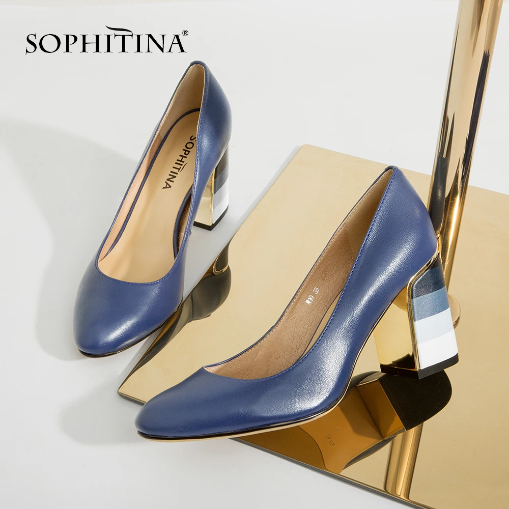SOPHITINA/Хит продажи г. Туфли-лодочки из натуральной кожи на обтянутом каблуке полосатым материалом. Модная разноцветная обувь из овечьей кожи с закругленном носком. Новинка. Элегантные женские туфли-лодочки W10