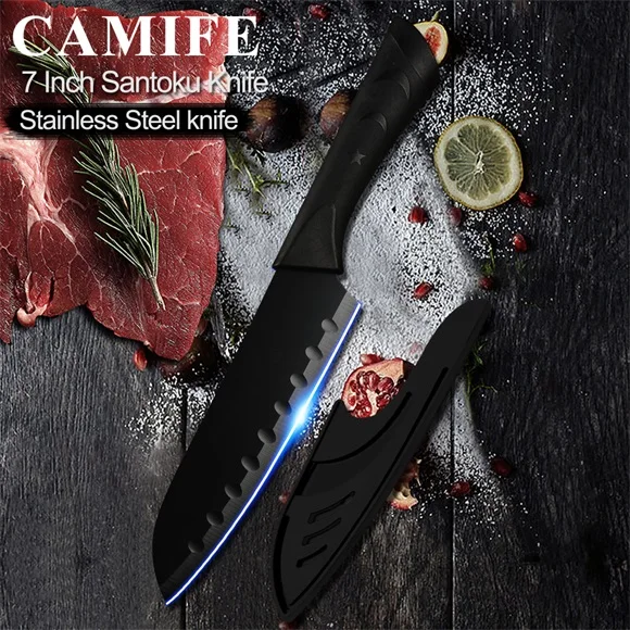 E.7 inch Santoku Нержавеющая сталь Ножи Кухня Ножи 6 шт набор Ультра Sharp Пособия по кулинарии Кухня ножи Кухня аксессуары инструменты Бесплатный нож чехлы - Цвет: E.7 inch Santoku