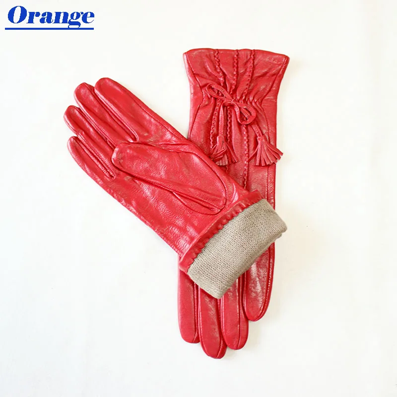 Leather gloves women's sheepskin gloves long stripe style plus velvet warm autumn and winter windproof gloves free shipping