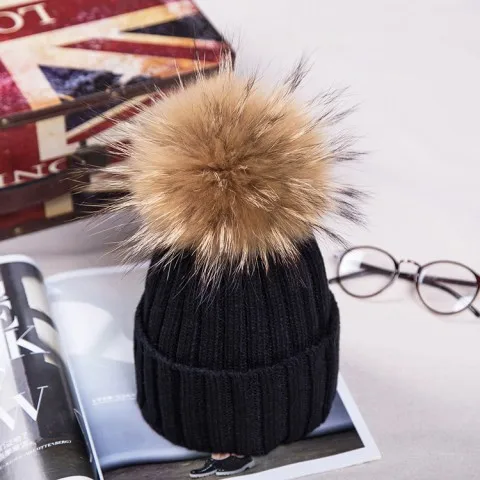 baby mink and fox fur ball cap pom poms winter hat for girl 's knitted beanies brand new thick female | Детская одежда и обувь