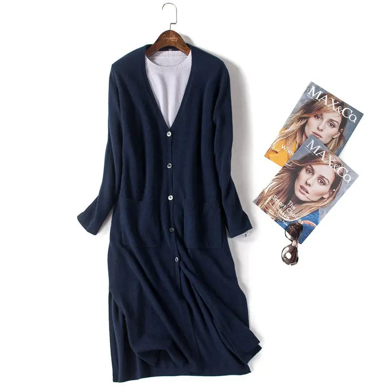 Navy blue Повседневный вязаный женский свитер кардиган с длинными рукавами элегантные свитера пальто Женская куртка кардиган, большие размеры вязаный свитер Q1662 - Цвет: Navy blue