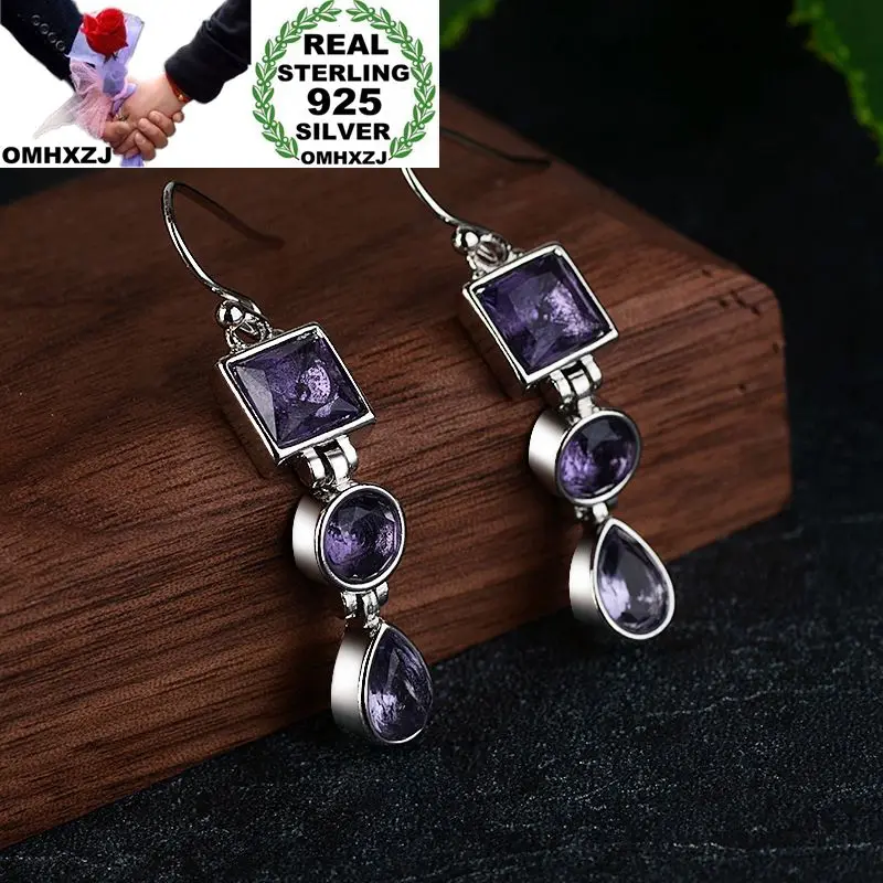 

OMHXZJ Wholesale European Fashion Woman Girl Party Wedding Gift Geometric Amethyst 925 Sterling Silver Drop Earrings EA282