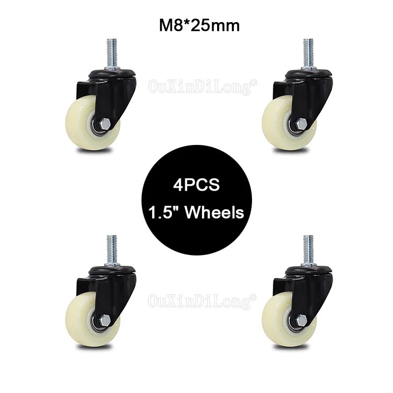 

4PCS 1.5" Universal Swivel Casters M8*25 Furniture Casters Nylon Mute Rollers Wheels for Platform Trolley Chairs Load 35KG/PCS