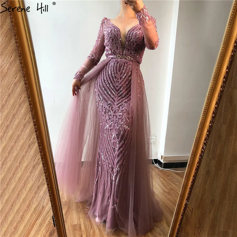 Blue Dubai Luxury Sequined Sparkle Evening Dresses Long Sleeve Beading Evening Gowns Serene Hill Plus Size LA60858