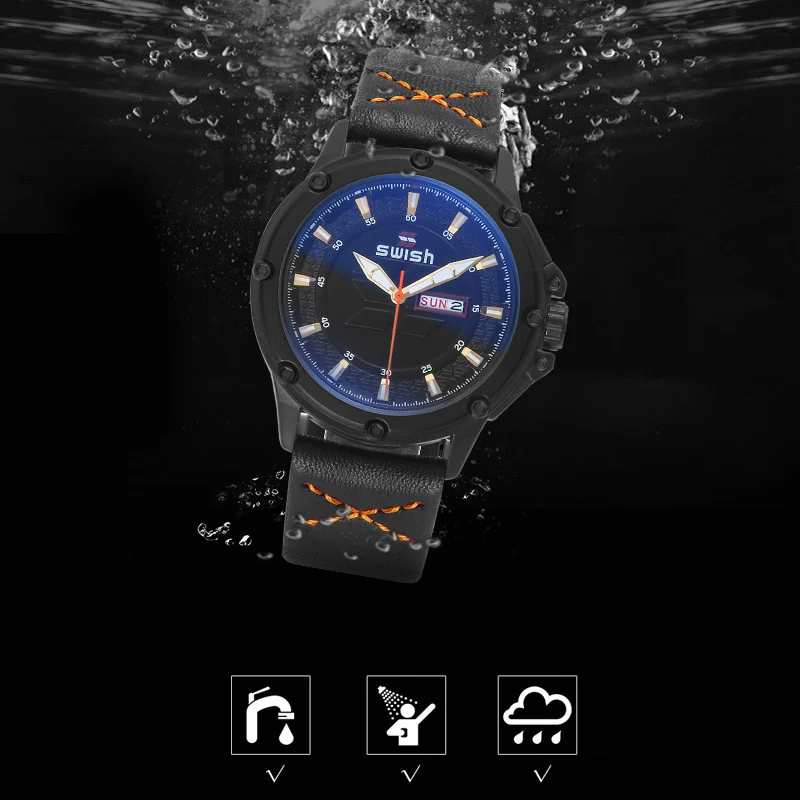 SWISH мужские s часы лучший бренд класса люкс кварцевые повседневные Черные кожаные