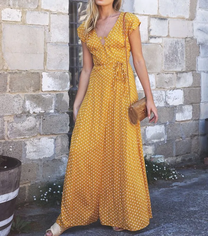 Женское длинное платье в горошек Boho богемное сексуальное до щиколотки с v